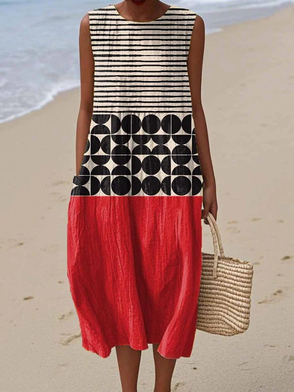 Dames mouwloze jurk met abstracte en geometrische print, met zakken en taille in portefeuillestijl