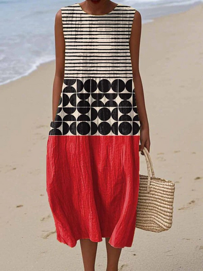 Dames mouwloze jurk met abstracte en geometrische print, met zakken en taille in portefeuillestijl