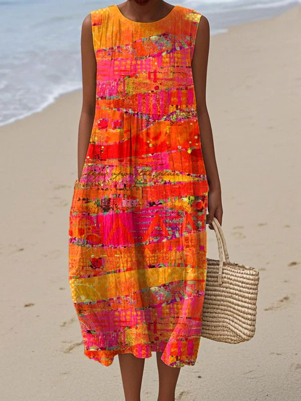 Mouwloze jurk met zakken en vintage geometrisch artistiek print voor dames
