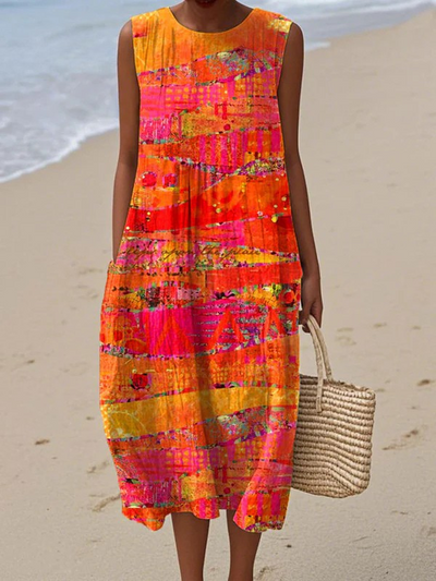 Mouwloze jurk met zakken en vintage geometrisch artistiek print voor dames