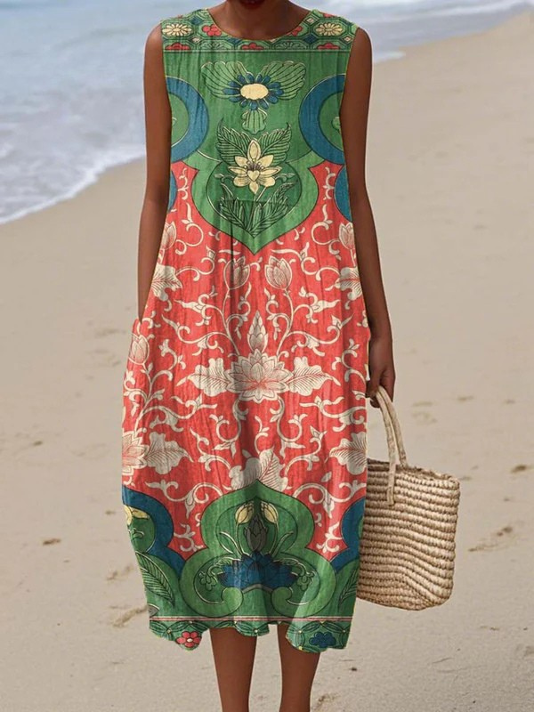 Vintage mouwloze jurk met bloemenprint en zakken, elegante artistieke bedrukt voor dames