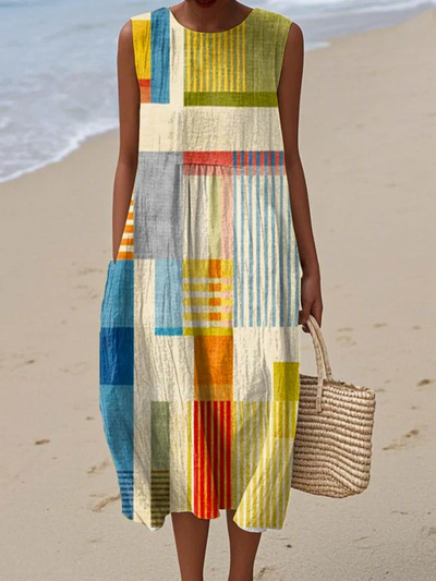Zomerjurk zonder mouwen met abstract geometrisch patroon, voorvak en portefeuillestijl voor dames